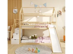 Cama alta infantil - 90 x 200 cm - com escorregador + escada de armazenamento - madeira - natural