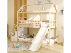 Cama alta infantil - 90 x 200 cm - com escorregador + escada de armazenamento - madeira - natural