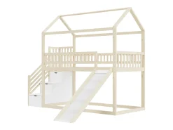 Cama alta infantil - 90 x 200 cm - com escorregador + escada de armazenamento - madeira - natural