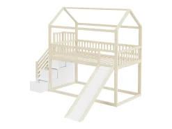 Cama alta infantil - 90 x 200 cm - com escorregador + escada de armazenamento - madeira - natural
