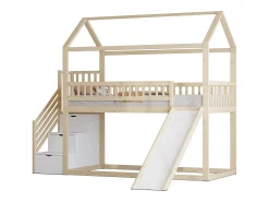 Cama alta infantil - 90 x 200 cm - com escorregador + escada de armazenamento - madeira - natural