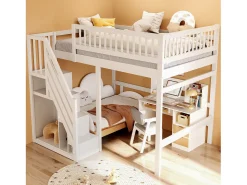 Cama alta infantil - 140 x 200 cm - escada com módulo de armazenamento - madeira - branco