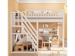 Cama alta infantil - 140 x 200 cm - escada com módulo de armazenamento - madeira - branco