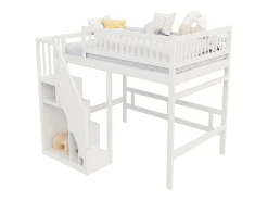 Cama alta infantil - 140 x 200 cm - escada com módulo de armazenamento - madeira - branco