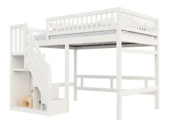 Cama alta infantil - 140 x 200 cm - escada com módulo de armazenamento - madeira - branco