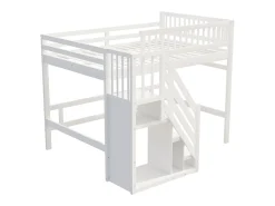 Cama alta infantil - 140 x 200 cm - escada com módulo de armazenamento - madeira - branco