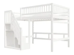 Cama alta infantil - 140 x 200 cm - escada com módulo de armazenamento - madeira - branco