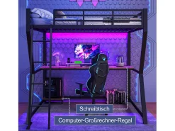 Cama alta infantil - 140 x 200 cm - com LEDs + prateleira + escrivaninha + USB - Metal - preta