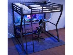 Cama alta infantil - 140 x 200 cm - com LEDs + prateleira + escrivaninha + USB - Metal - preta