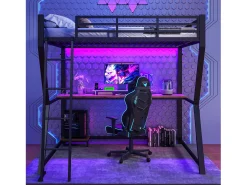 Cama alta infantil - 140 x 200 cm - com LEDs + prateleira + escrivaninha + USB - Metal - preta