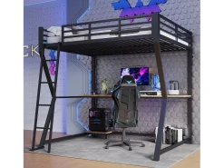 Cama alta infantil - 140 x 200 cm - com LEDs + prateleira + escrivaninha + USB - Metal - preta
