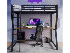Cama alta infantil - 140 x 200 cm - com LEDs + prateleira + escrivaninha + USB - Metal - preta