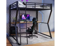 Cama alta infantil - 140 x 200 cm - com LEDs + prateleira + escrivaninha + USB - Metal - preta