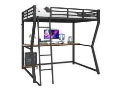 Cama alta infantil - 140 x 200 cm - com LEDs + prateleira + escrivaninha + USB - Metal - preta