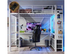 Cama alta infantil - 90 x 200 cm - estrutura de ferro - com escrivaninha + 4 gavetas + LEDs - metal - branco
