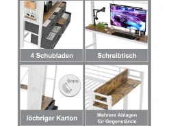 Cama alta infantil - 90 x 200 cm - estrutura de ferro - com escrivaninha + 4 gavetas + LEDs - metal - branco