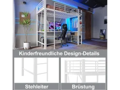 Cama alta infantil - 90 x 200 cm - estrutura de ferro - com escrivaninha + 4 gavetas + LEDs - metal - branco