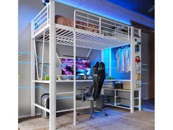 Cama alta infantil - 90 x 200 cm - estrutura de ferro - com escrivaninha + 4 gavetas + LEDs - metal - branco