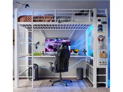Cama alta infantil - 90 x 200 cm - estrutura de ferro - com escrivaninha + 4 gavetas + LEDs - metal - branco