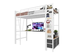 Cama alta infantil - 90 x 200 cm - estrutura de ferro - com escrivaninha + 4 gavetas + LEDs - metal - branco