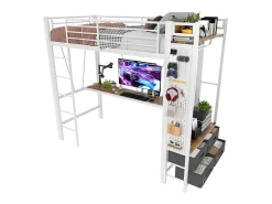 Cama alta infantil - 90 x 200 cm - estrutura de ferro - com escrivaninha + 4 gavetas + LEDs - metal - branco