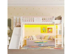 Cama alta infantil - 90 x 200 cm - com arrumação e escorrega - LEDs - madeira de pinho - branca