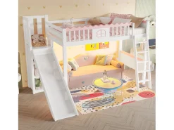 Cama alta infantil - 90 x 200 cm - com arrumação e escorrega - LEDs - madeira de pinho - branca