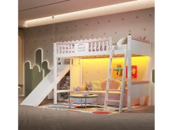 Cama alta infantil - 90 x 200 cm - com arrumação e escorrega - LEDs - madeira de pinho - branca