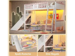 Cama alta infantil - 90 x 200 cm - com arrumação e escorrega - LEDs - madeira de pinho - branca