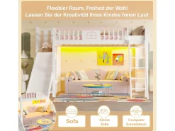 Cama alta infantil - 90 x 200 cm - com arrumação e escorrega - LEDs - madeira de pinho - branca