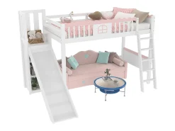 Cama alta infantil - 90 x 200 cm - com arrumação e escorrega - LEDs - madeira de pinho - branca