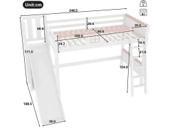 Cama alta infantil - 90 x 200 cm - com arrumação e escorrega - LEDs - madeira de pinho - branca