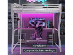 Cama alta infantil - 140 x 200 cm - com LEDs + prateleira + escrivaninha + USB - Metal - branca