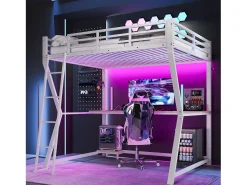 Cama alta infantil - 140 x 200 cm - com LEDs + prateleira + escrivaninha + USB - Metal - branca
