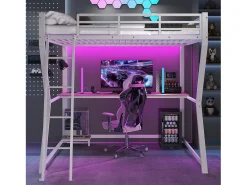 Cama alta infantil - 140 x 200 cm - com LEDs + prateleira + escrivaninha + USB - Metal - branca