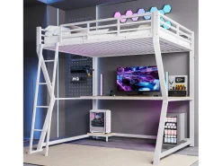 Cama alta infantil - 140 x 200 cm - com LEDs + prateleira + escrivaninha + USB - Metal - branca