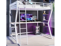 Cama alta infantil - 140 x 200 cm - com LEDs + prateleira + escrivaninha + USB - Metal - branca