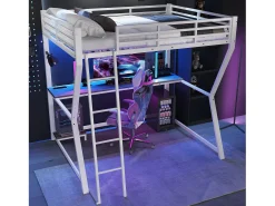 Cama alta infantil - 140 x 200 cm - com LEDs + prateleira + escrivaninha + USB - Metal - branca