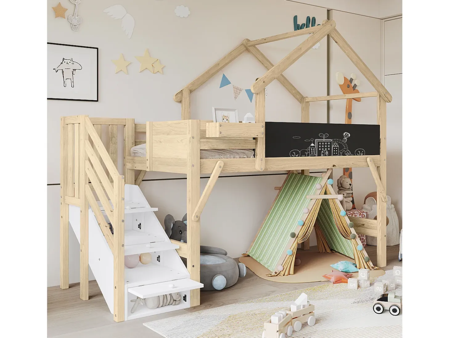 Cama alta infantil com arrumação - 90 x 200 cm - com 3 compartimentos de arrumação na escada - pinho + MDF - branco