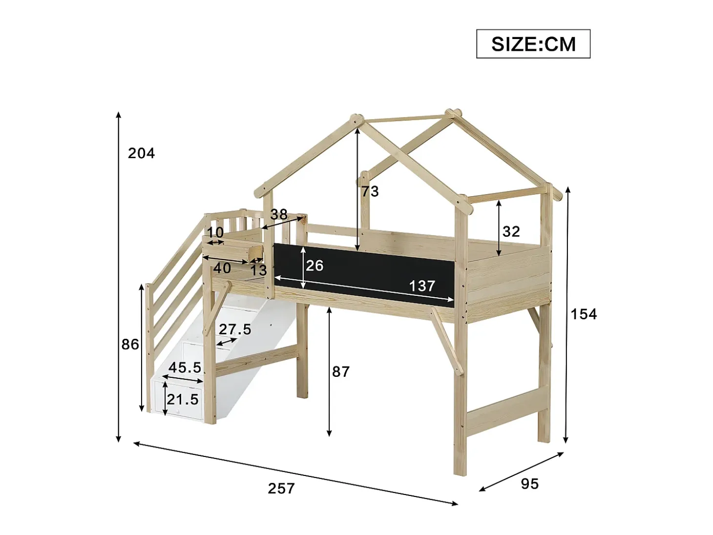 Cama alta infantil com arrumação - 90 x 200 cm - com 3 compartimentos de arrumação na escada - pinho + MDF - branco