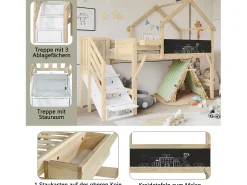 Cama alta infantil com arrumação - 90 x 200 cm - com 3 compartimentos de arrumação na escada - pinho + MDF - branco
