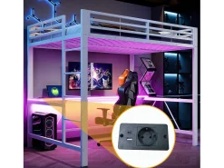 Cama alta infantil de metal para jogos - 140 x 200 cm - com LEDs + USB + escrivaninha - Branca