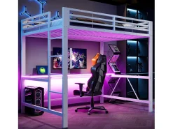Cama alta infantil de metal para jogos - 140 x 200 cm - com LEDs + USB + escrivaninha - Branca