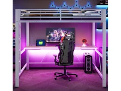 Cama alta infantil de metal para jogos - 140 x 200 cm - com LEDs + USB + escrivaninha - Branca