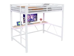 Cama alta infantil de metal para jogos - 140 x 200 cm - com LEDs + USB + escrivaninha - Branca