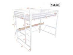 Cama alta infantil de metal para jogos - 140 x 200 cm - com LEDs + USB + escrivaninha - Branca