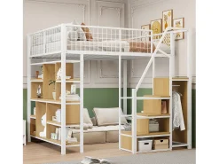 Cama alta infantil de metal - 140 x 200 cm - com guarda-roupa + prateleiras + escadas - madeira + metal - branco