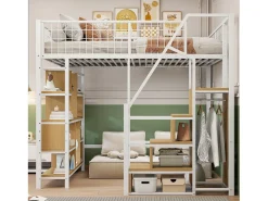 Cama alta infantil de metal - 140 x 200 cm - com guarda-roupa + prateleiras + escadas - madeira + metal - branco