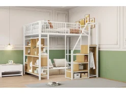 Cama alta infantil de metal - 140 x 200 cm - com guarda-roupa + prateleiras + escadas - madeira + metal - branco
