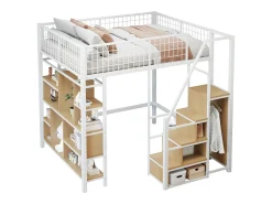 Cama alta infantil de metal - 140 x 200 cm - com guarda-roupa + prateleiras + escadas - madeira + metal - branco